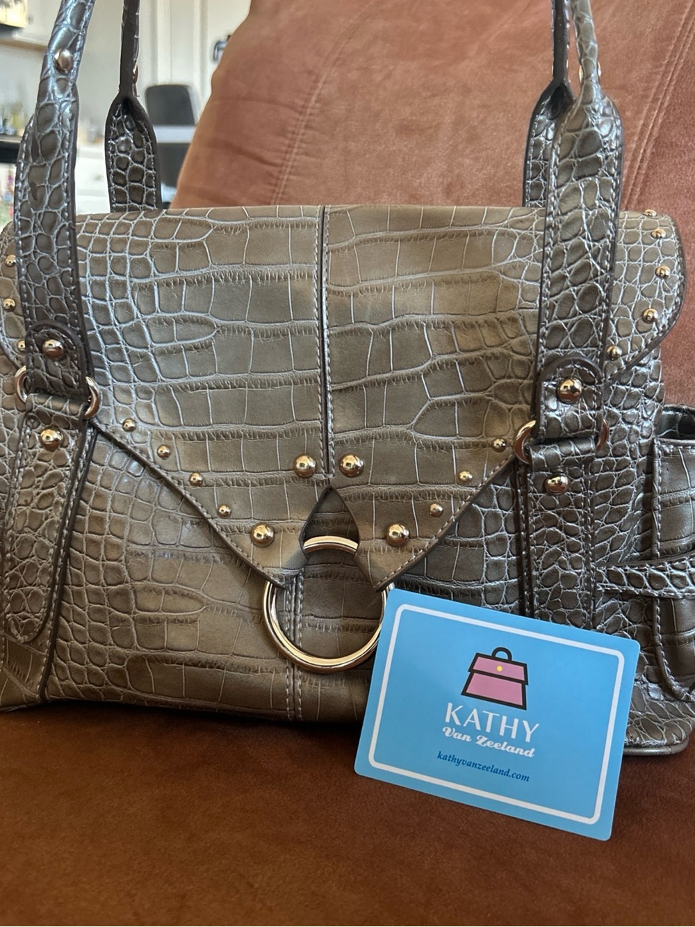 Kathy Van Zeeland metallic gold/champagne Faux Leather crocodile-embossed Y2K